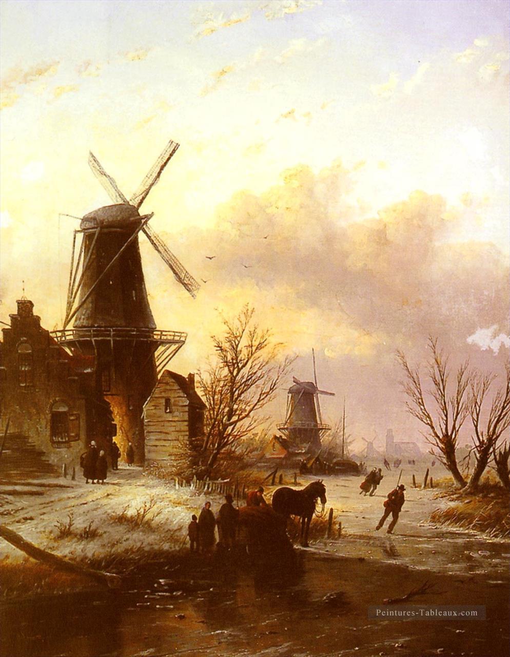 Figures sur un pont dans un paysage de Dutch Town Jan Jacob Coenraad Spohler Peintures à l'huile